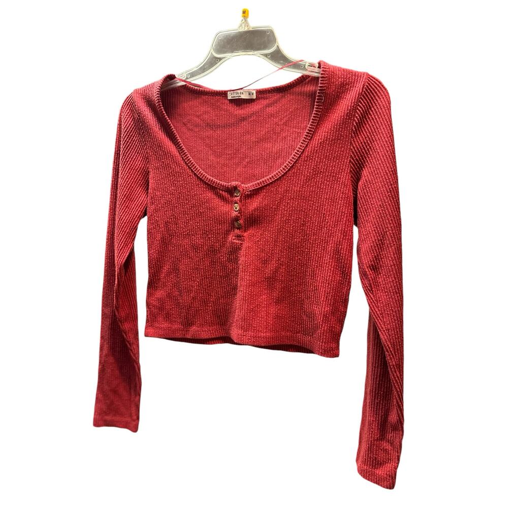 Womens Crop Top Size Medium Red Cropped Ribbed Long Sleeve Soft Y2K Buttons
